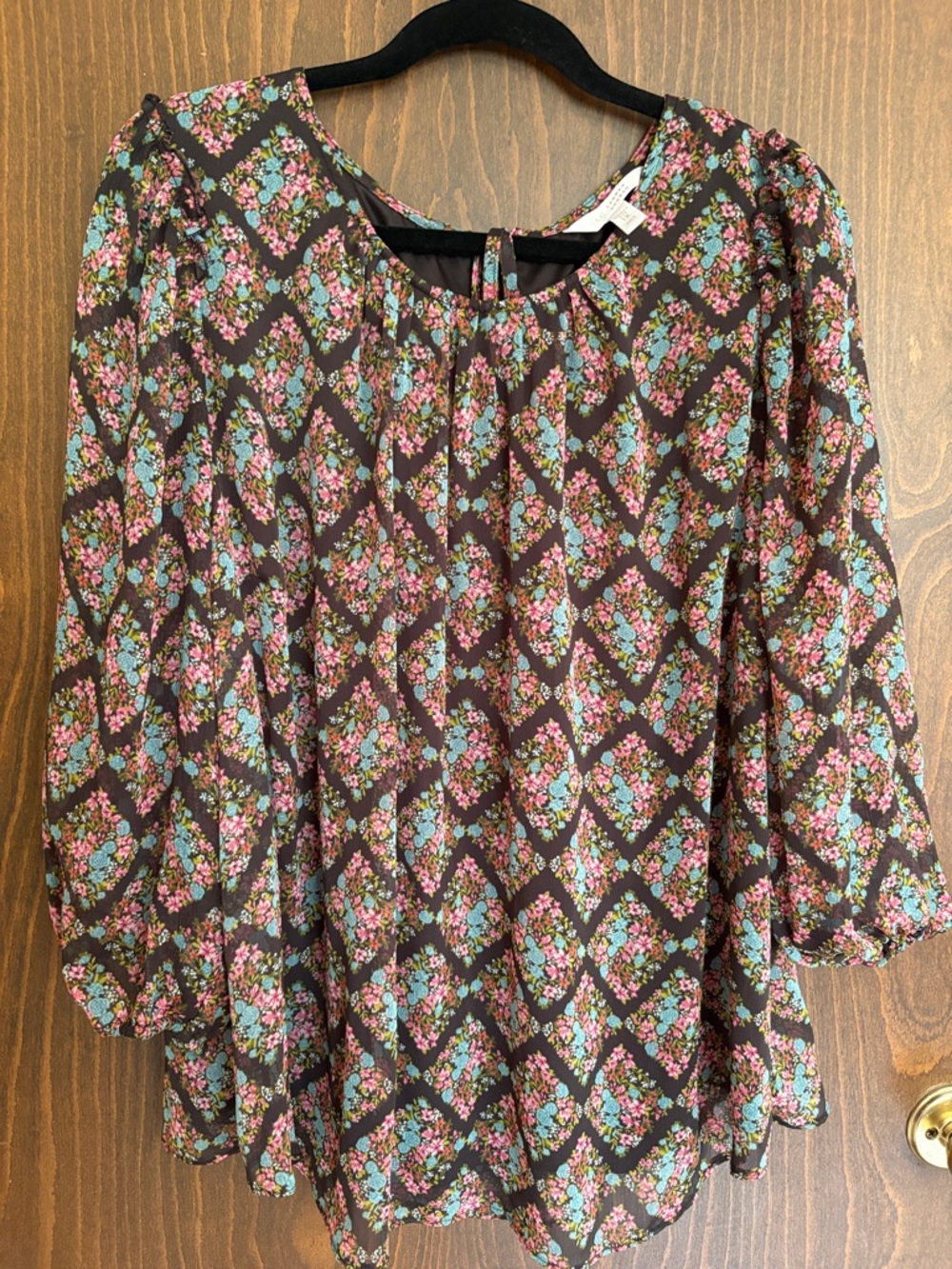 LC Lauren Conrad Brown Floral Peasant Blouse with Pink and Blue Accents